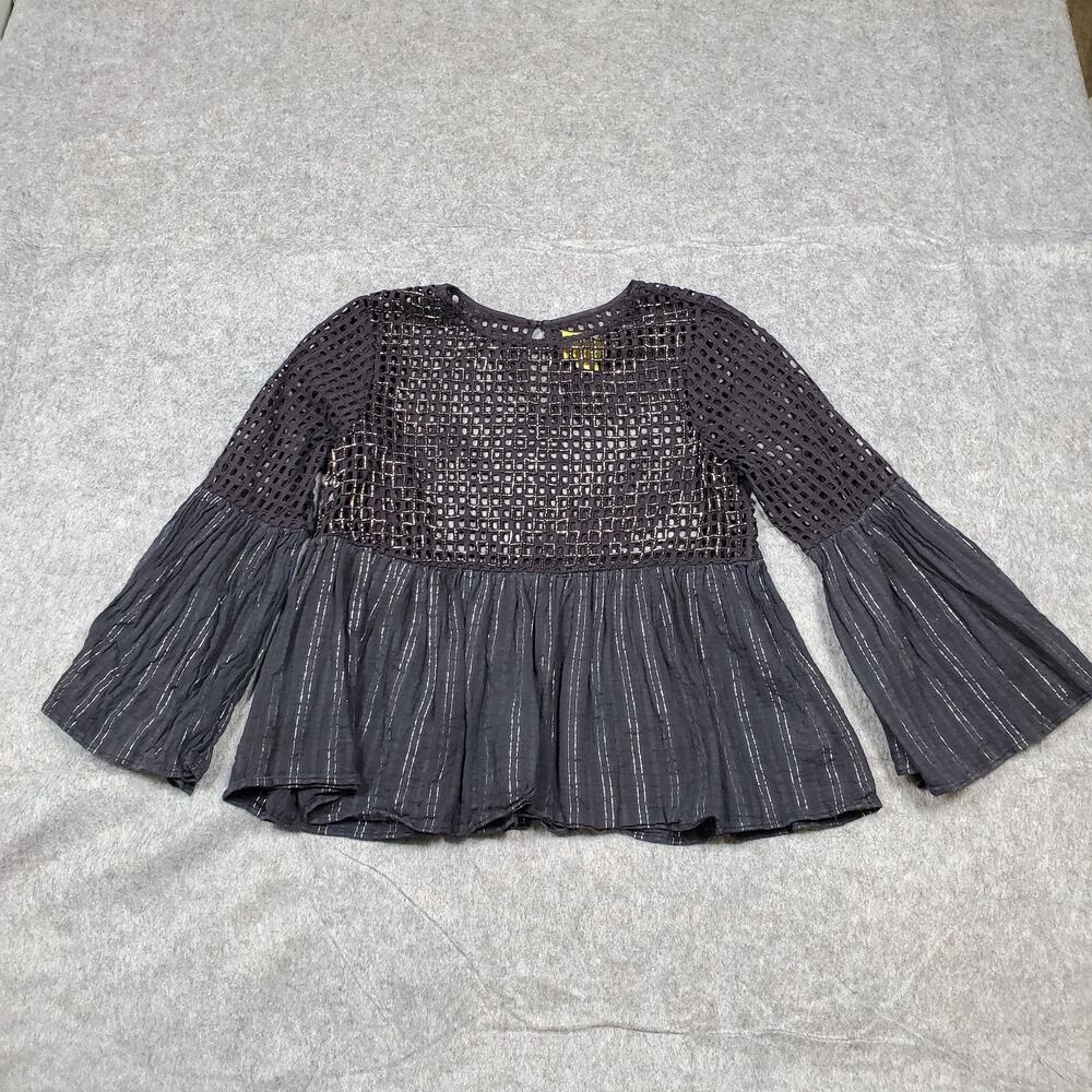 Anthropologie‎ Top Womens 6 Maeve Alameda Black Beaded Cage Peplum Bell Sleeve